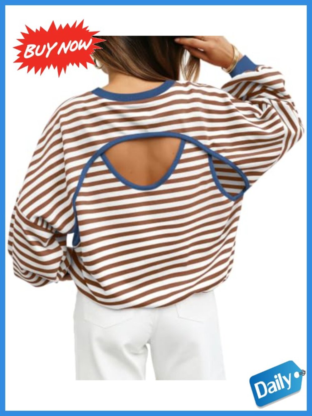 Striped Long Sleeve Open Back Sweatshirt Womens Loose Fit Top